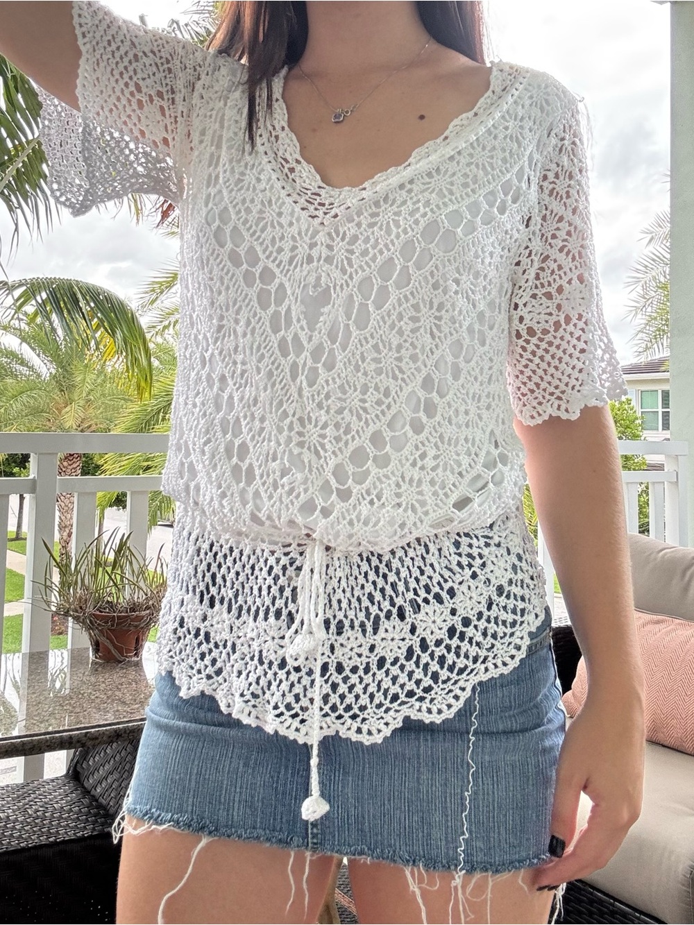 Abercrombie & Fitch White Crochet V-Neck Tie-Waist Tunic